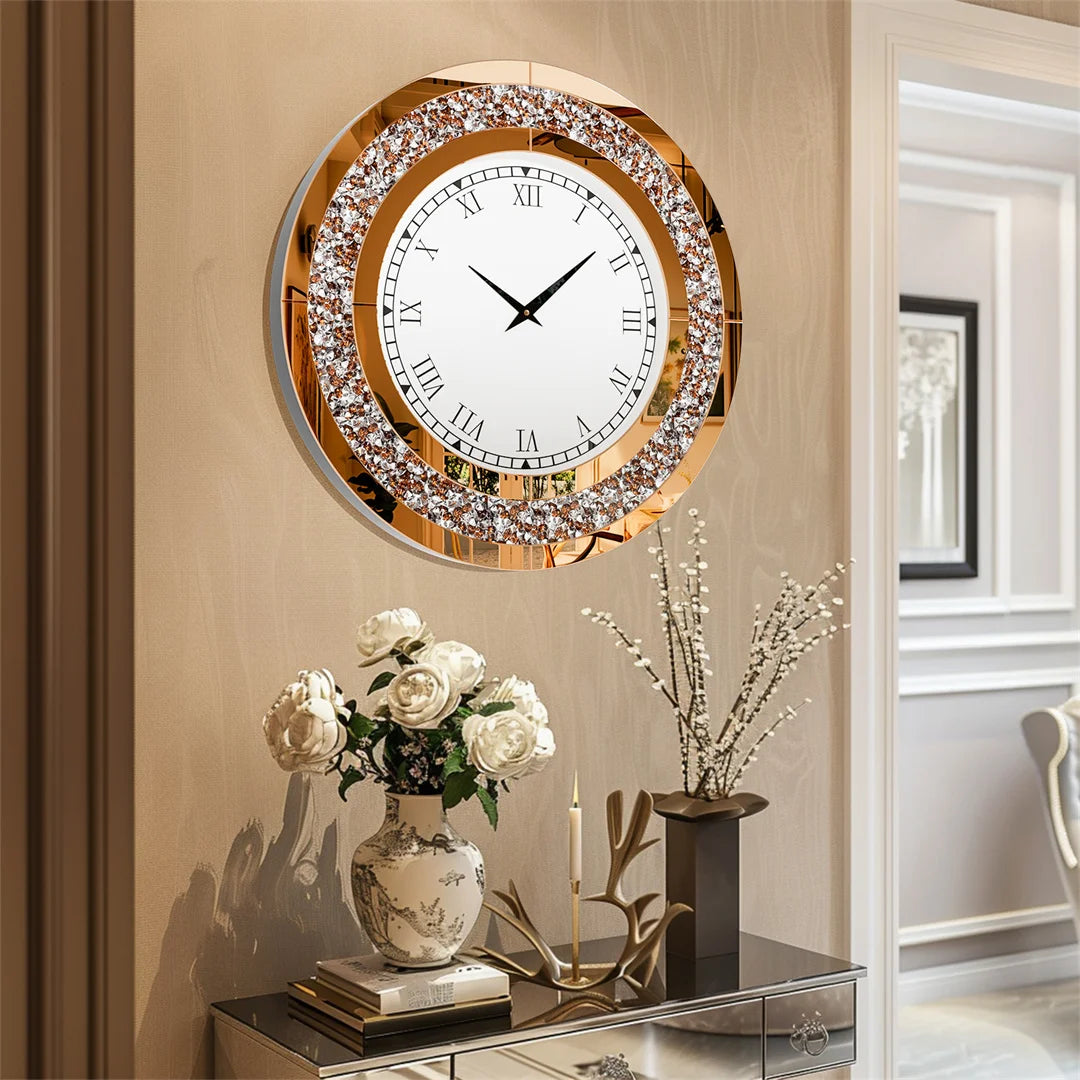 Mirror Wall Clock 60cm Crystal Crush Diamond Round Decorative Clock Tawny Tinted Bling Wall Clock