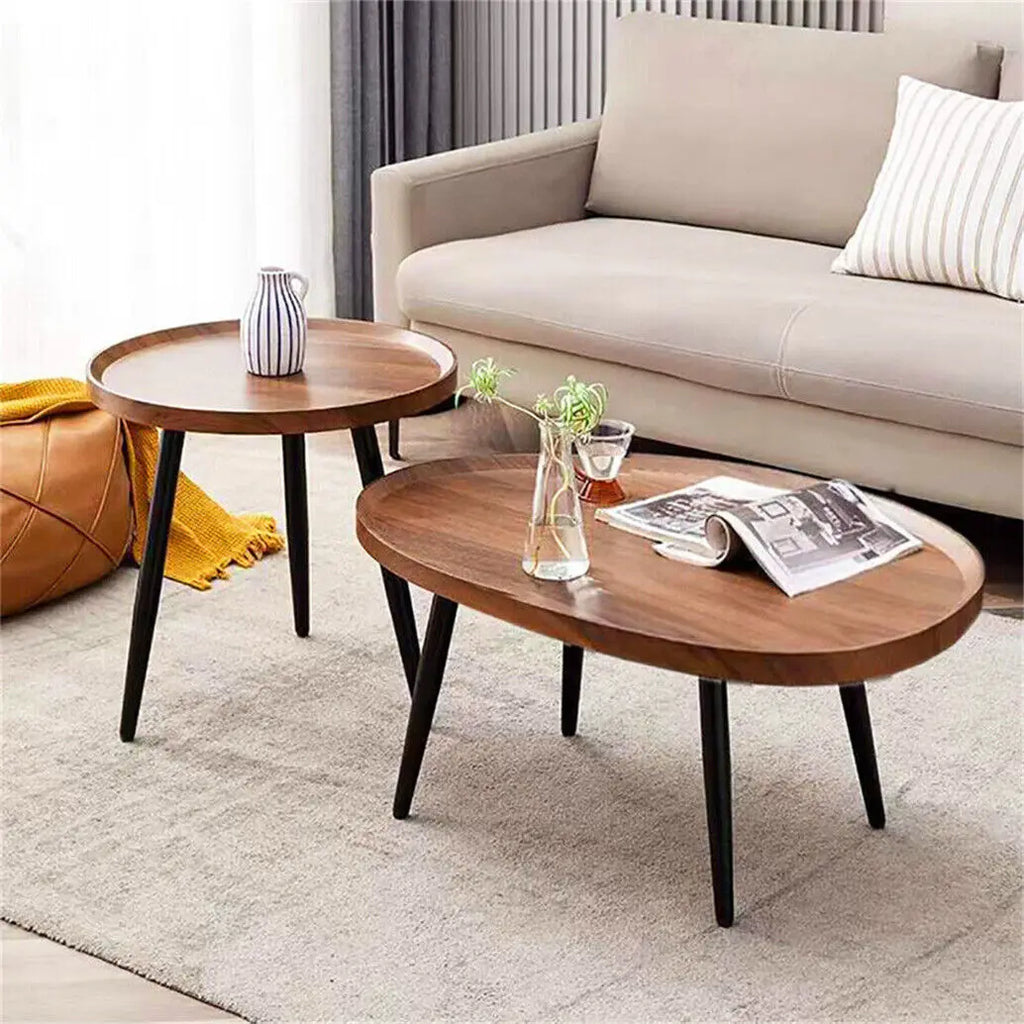 Coffee Table Set 2-in-1 Irregular Wooden Sofa Side Tables Oval(80x55x38cm) Round(40x47.5cm)