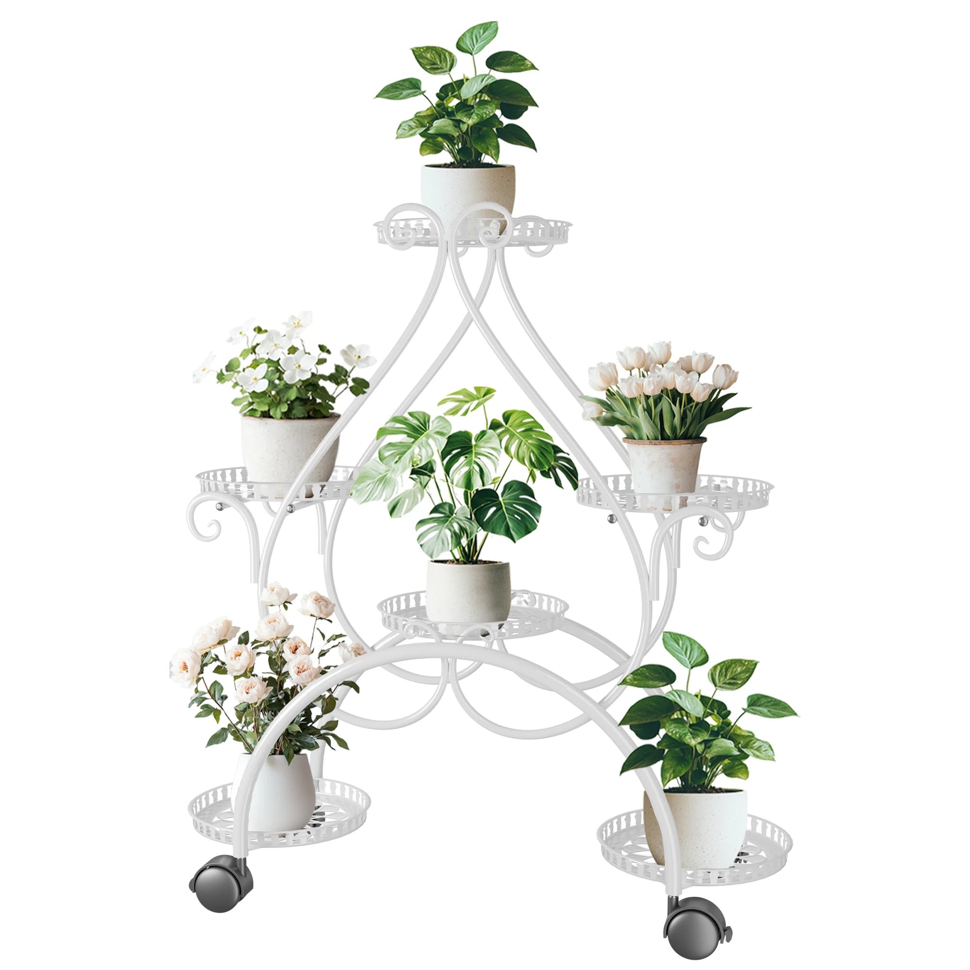 Plant Stand 6 Tier Metal Flower Pot Display Rack with Rolling Wheels Indoor Outdoor Plant Shelf White 73.5x30.5x84.5cm