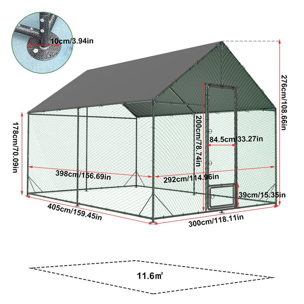 Metal Chicken Coop 300x405x276cm Outdoor Poultry Cage with Waterproof Cover Heavy Duty Duck Run Enclosure