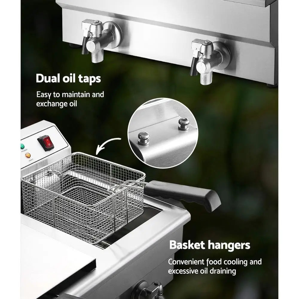 20L Commercial Electric Deep Fryer 6000W Double Basket Stainless Steel Oil Tap Frying Machine Kitchen AU Plug 57×62×34cm
