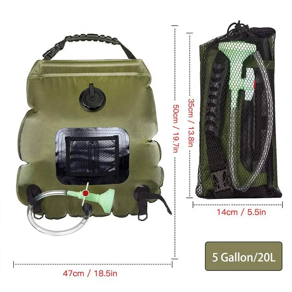 20L Solar Shower Bag Portable Camping Shower with Detachable Hose Shower Head Outdoor Hot Water Equipment Green 50 × 47cm