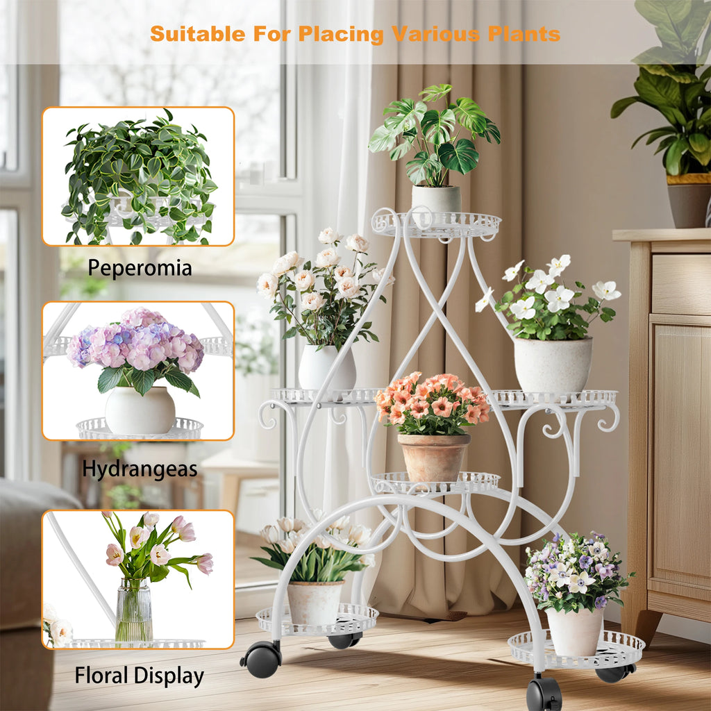 Plant Stand 6 Tier Metal Flower Pot Display Rack with Rolling Wheels Indoor Outdoor Plant Shelf White 73.5x30.5x84.5cm