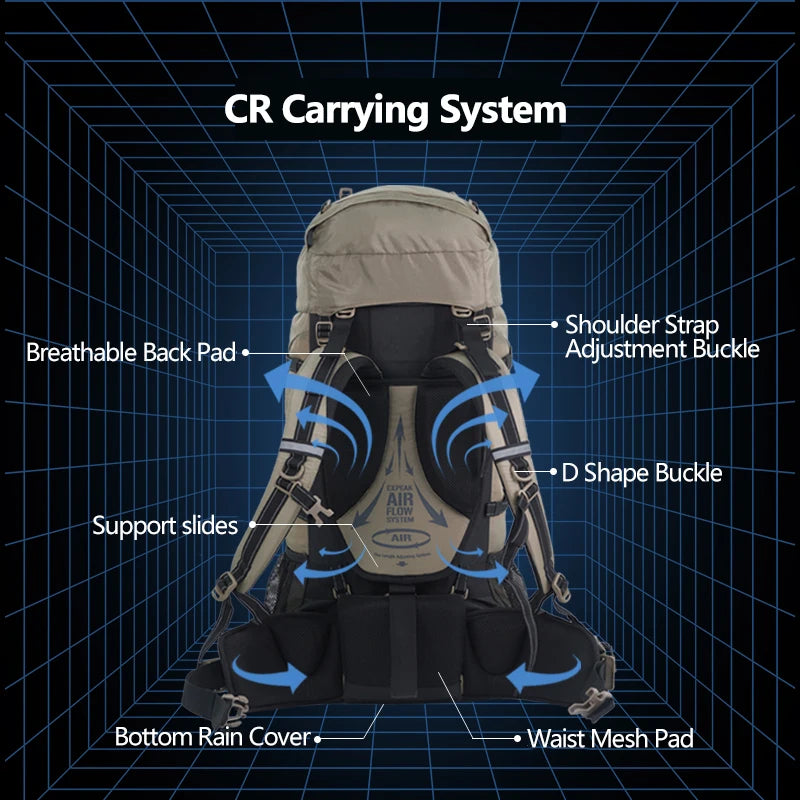 70L Camping Backpack Ergonomic Hiking Rucksack with Rain Cover Outdoor Travel Bag Brown 75x33x27cm