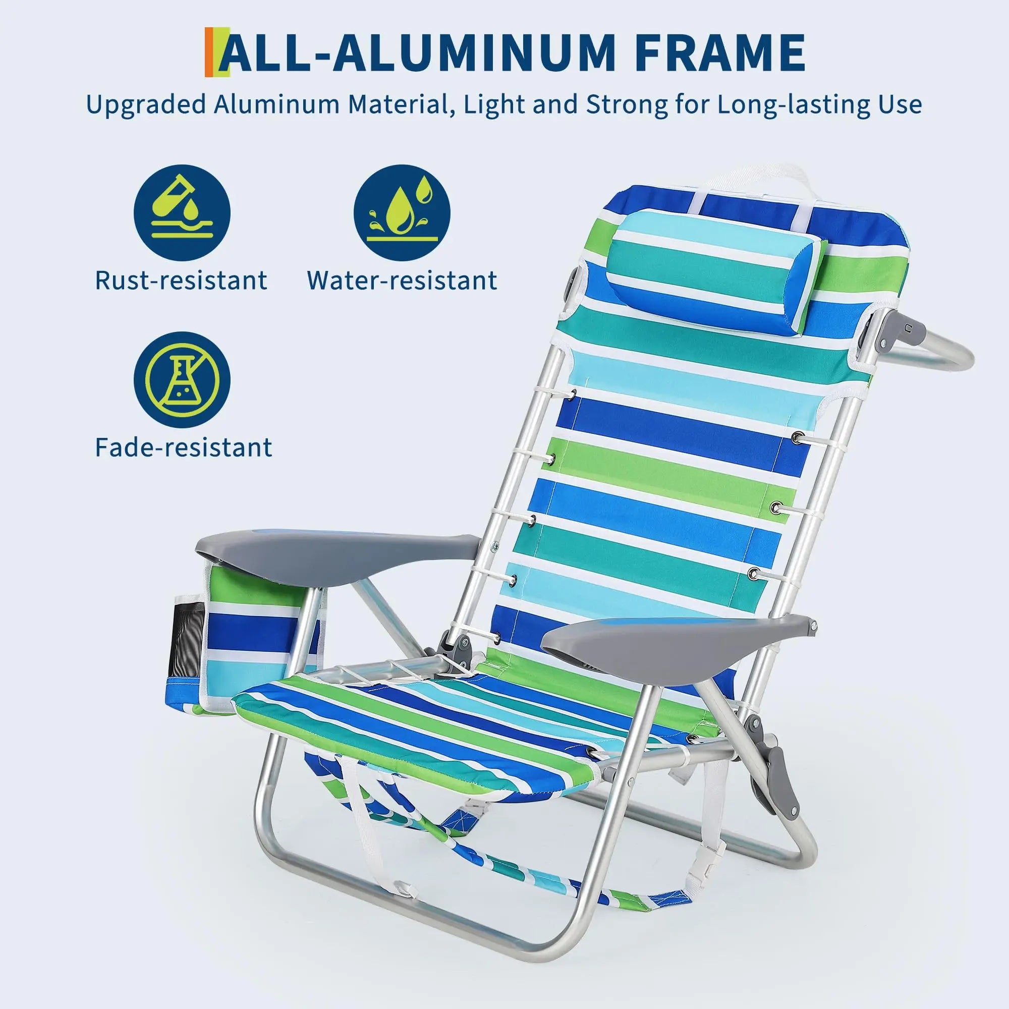 Backpack Beach Chair 2 Pack Folding Reclining Outdoor Lounge Chairs with Cup Holder 5 Position Adjustable 100x64x76cm