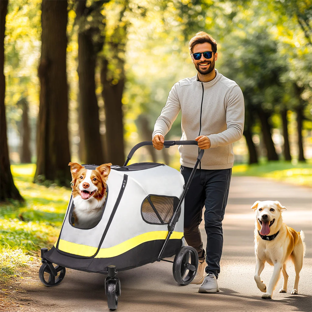 Dog Stroller Foldable 4 Wheel Pet Travel Stroller with Rain Cover Grey & Light Yellow & Black 74x90x103cm
