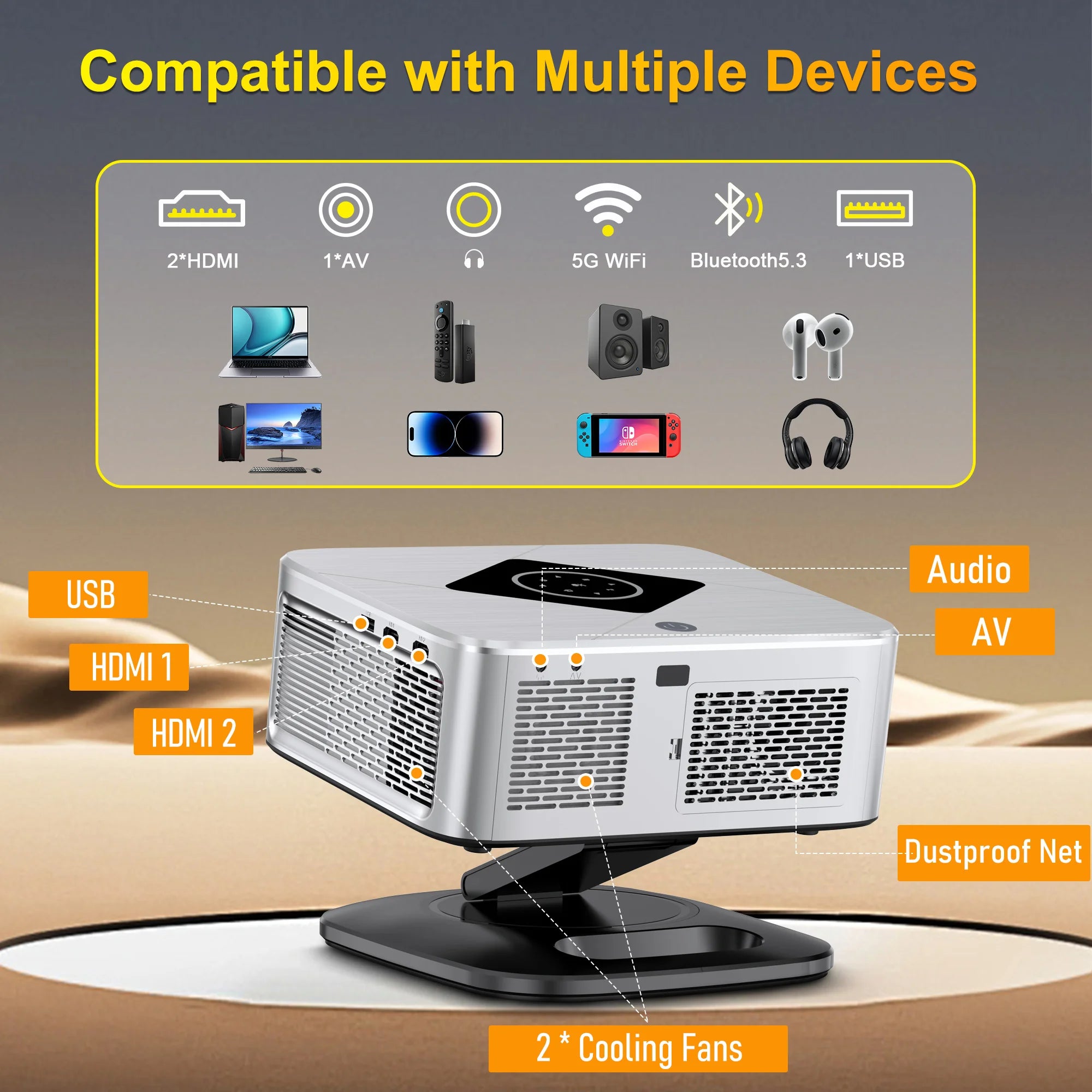 Smart Projector 2000 ANSI Full HD 1080P 4K Support Auto Focus and Keystone 5G WiFi Home Cinema Projector