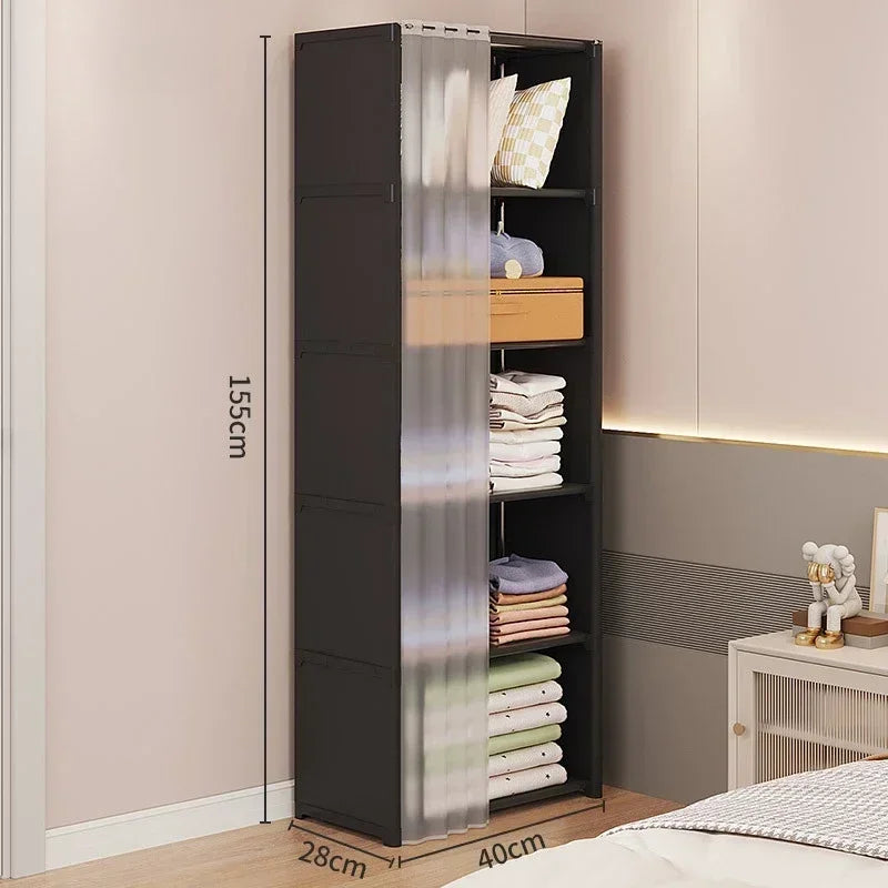 6 Layer Portable Clothes Storage Rack Wardrobe Organizer Cabinet Dustproof Closet with Curtains Multifunctional Black