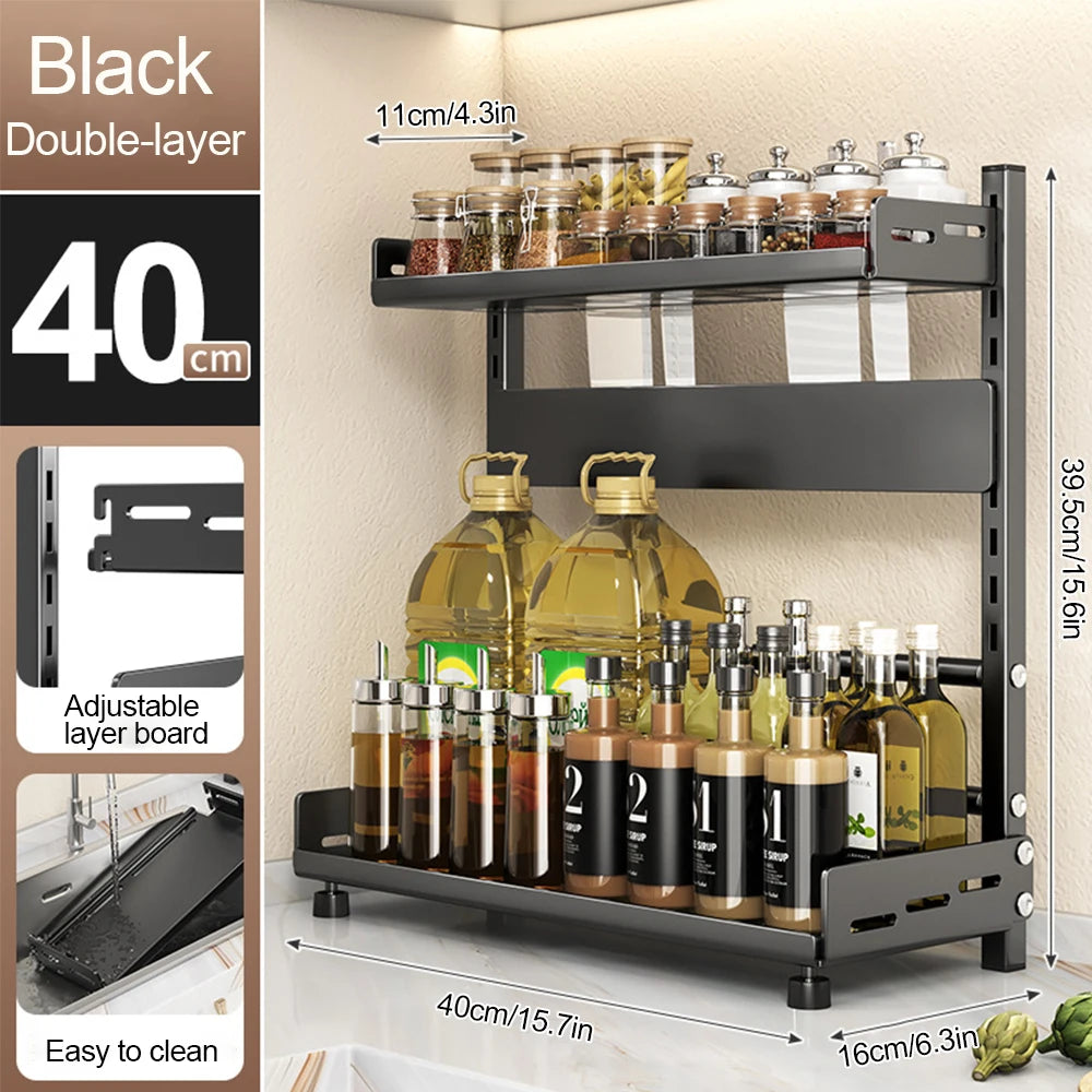 40CM 2 Tier Spice Rack Adjustable Kitchen Countertop Organizer Metal Shelf Cabinet Storage Stand Black 40 × 16 × 39.5cm