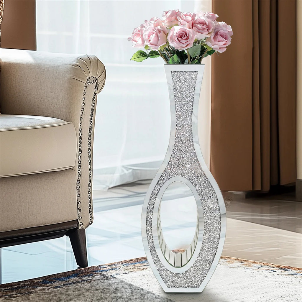 Floor Vase Mirrored Silver Crystal Decorative Flower Vase
