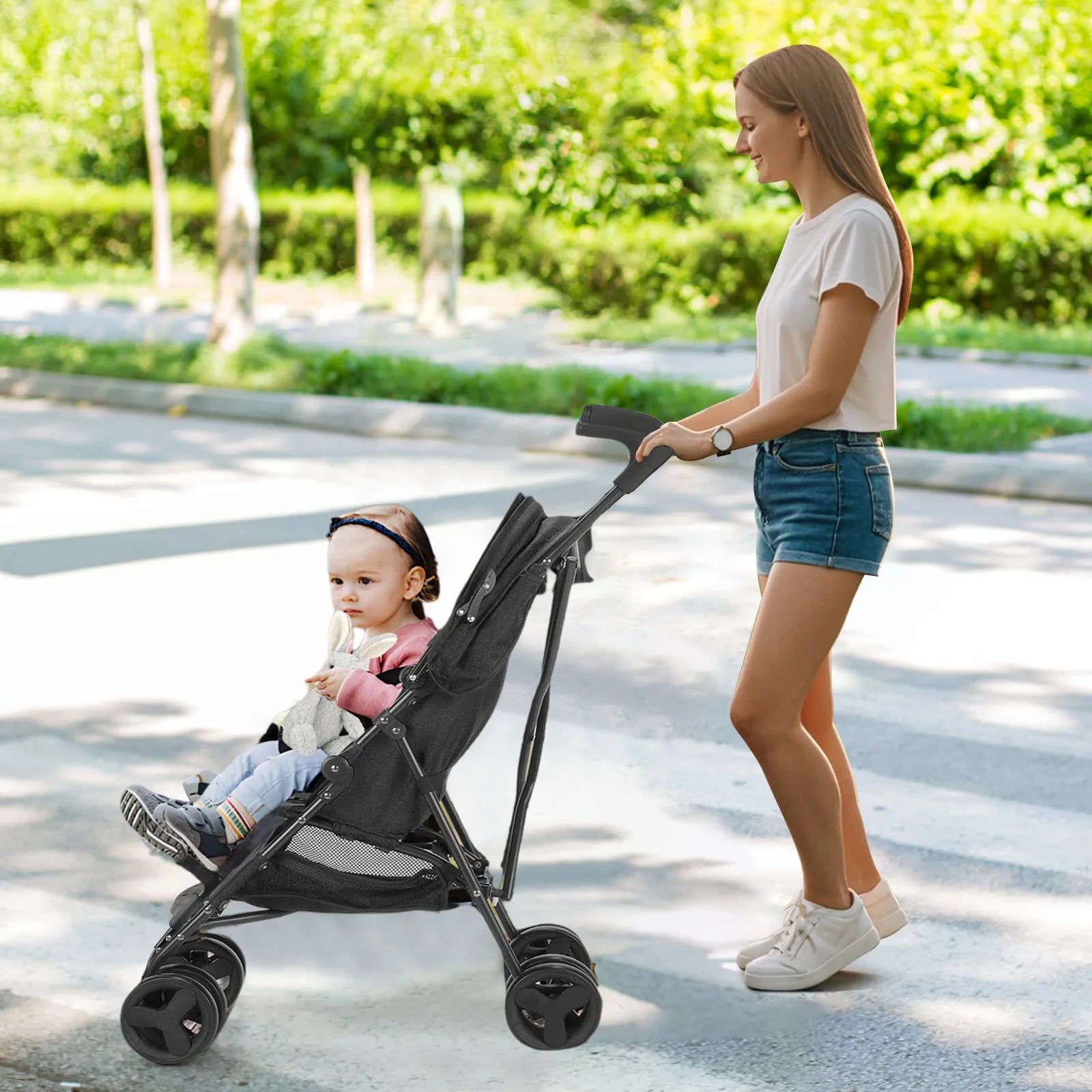 Travel Stroller Lightweight Foldable Portable Pushchair with Reclining Seat, Storage Basket and Canopy Black