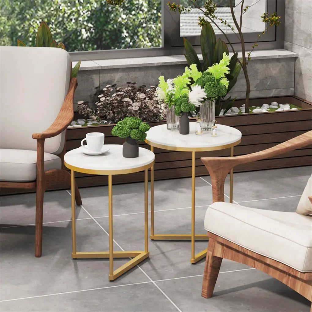 Round Nesting Coffee Tables Set of 2 Sintered Stone Top Gold White 45x55cm 40x50.5cm Side Tables