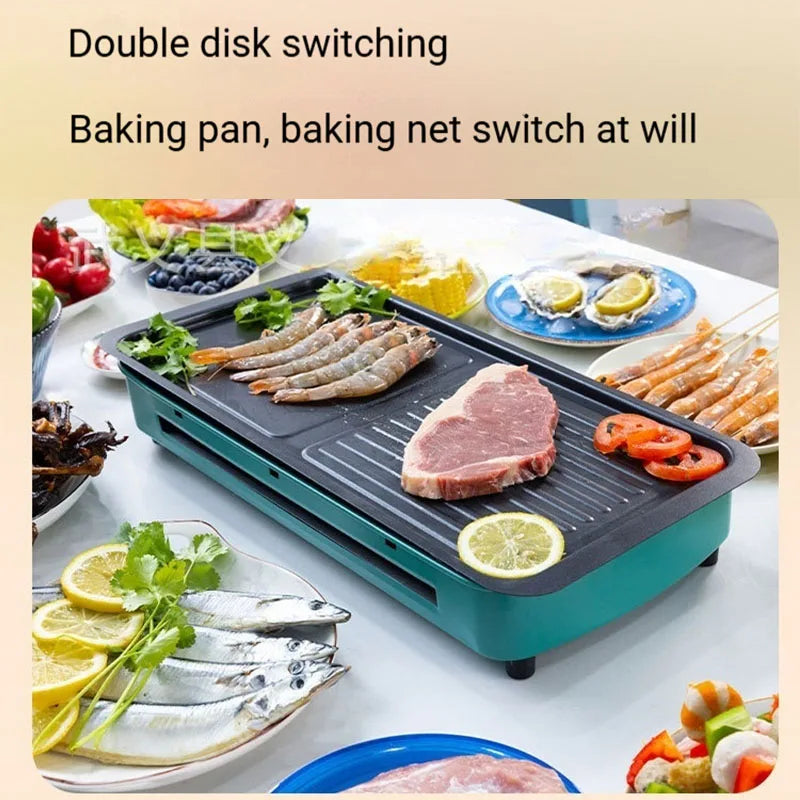 Electric Grill Non-Stick Multi-Function BBQ Grill for Meat, Seafood and Vegetables Green 44 × 22cm