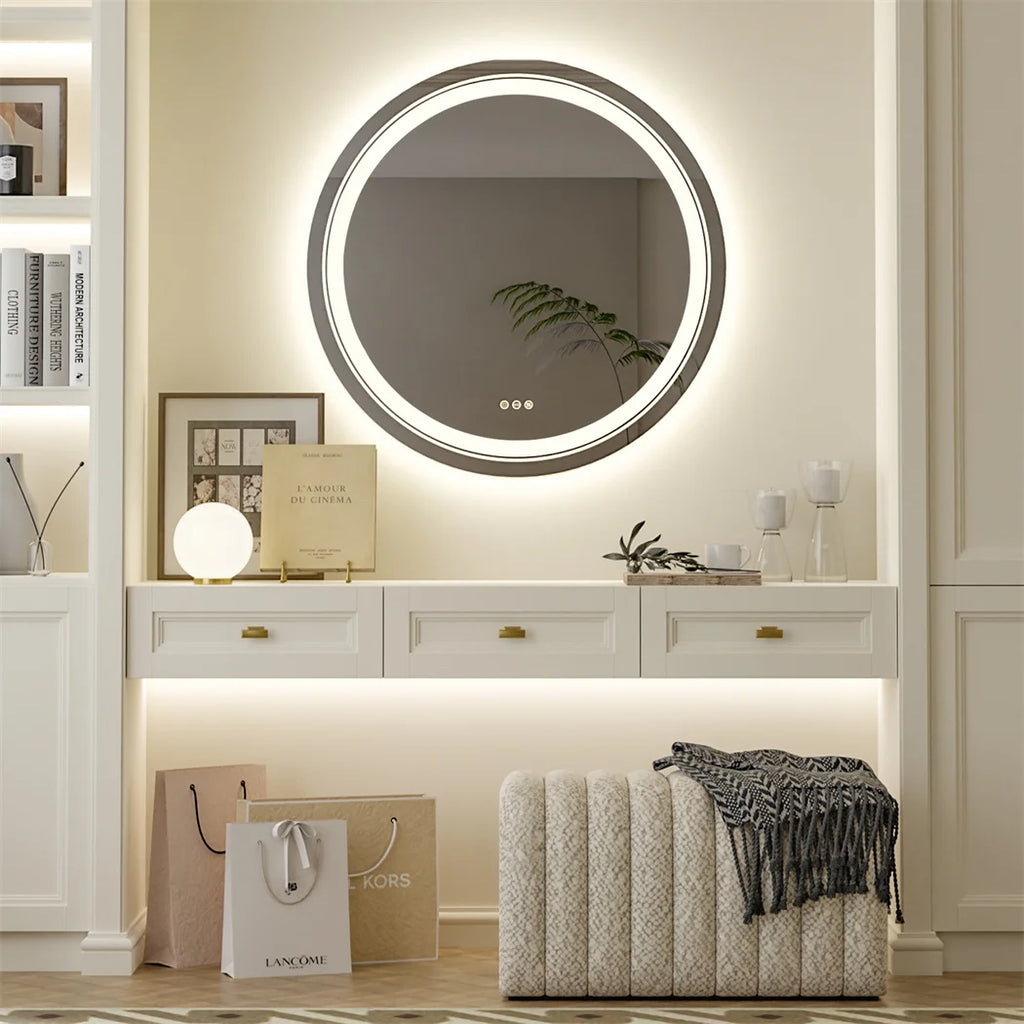 80 cm LED Bathroom Mirror Round Touch Screen Waterproof Anti Fog Vanity Mirror Wall Mounted for Wash Basin Shower Grooming