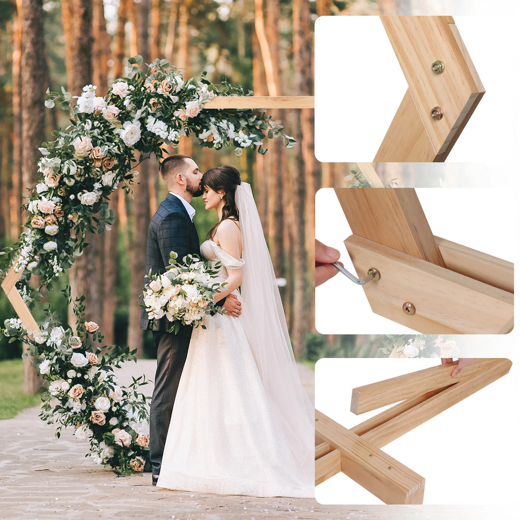 Wedding Arch Frame Hexagon Stand Natural Wood Heavy Duty Ceremony and Photo Backdrop Natural 245x210cm
