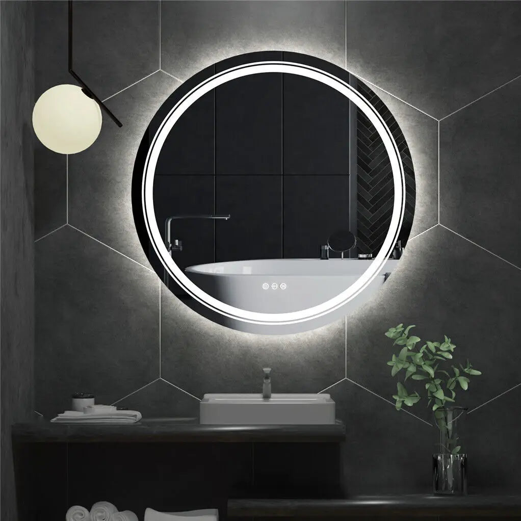 80 cm LED Bathroom Mirror Round Touch Screen Waterproof Anti Fog Vanity Mirror Wall Mounted for Wash Basin Shower Grooming