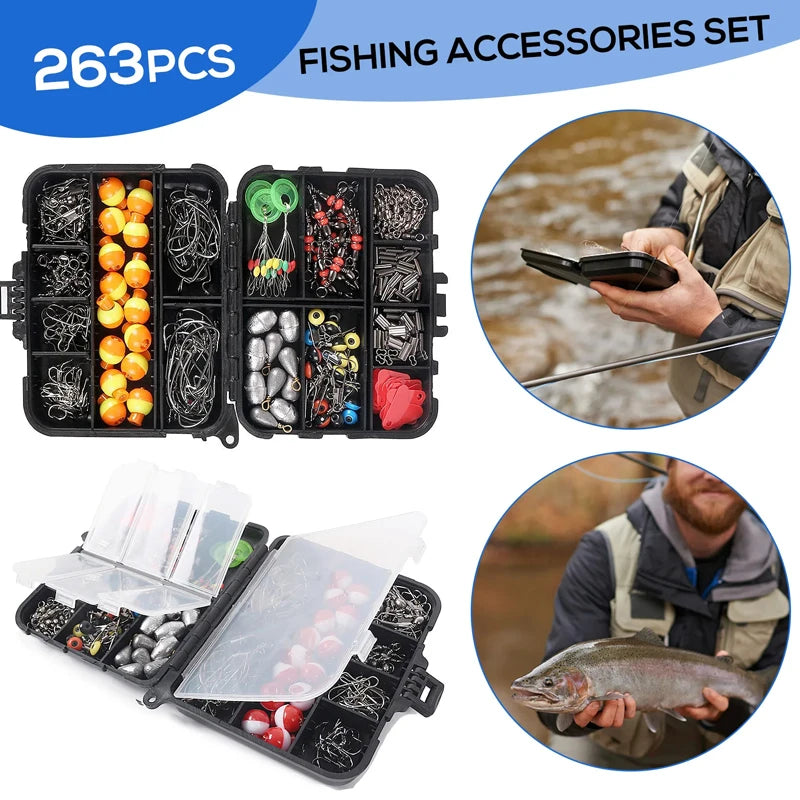 263PCS Fishing Accessories Kit with Tackle Box Pliers Jig Hooks Sinkers Swivels Snaps Sinker Slides Set Red 12 × 9.5 × 3cm