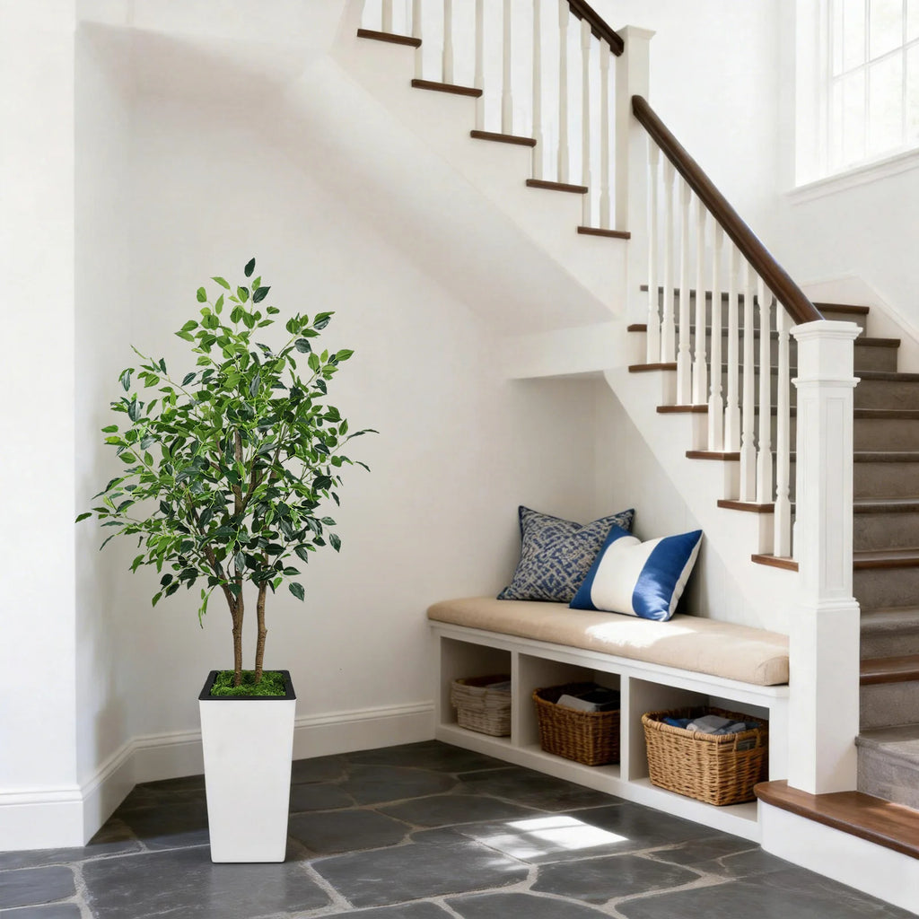 Artificial Ficus Tree 152.4cm Realistic Leaves Indoor Outdoor Plant Decor for Home Office Living Room Decoration White