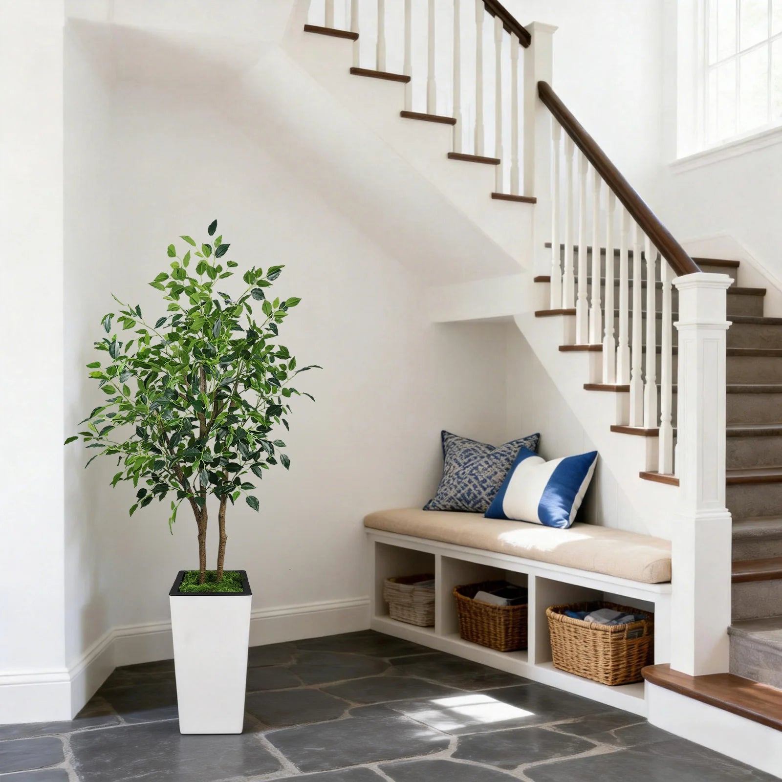 Artificial Ficus Tree 152.4cm Realistic Leaves Indoor Outdoor Plant Decor for Home Office Living Room Decoration White