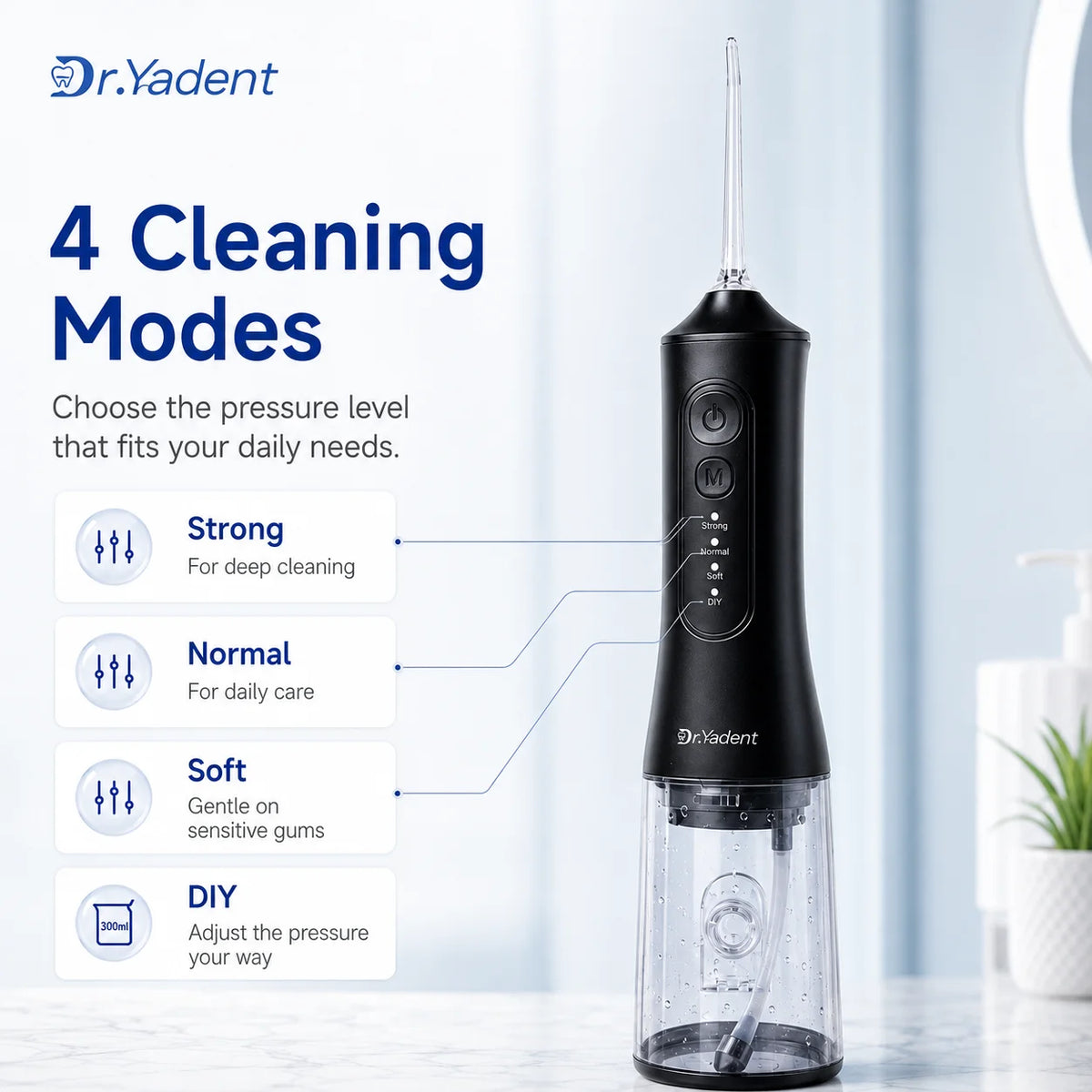YD06 Cordless Oral Irrigator Water Flosser 300ML Portable Water Jet USB-C Fast Charge 7 Nozzles 4 Modes IPX7 Black