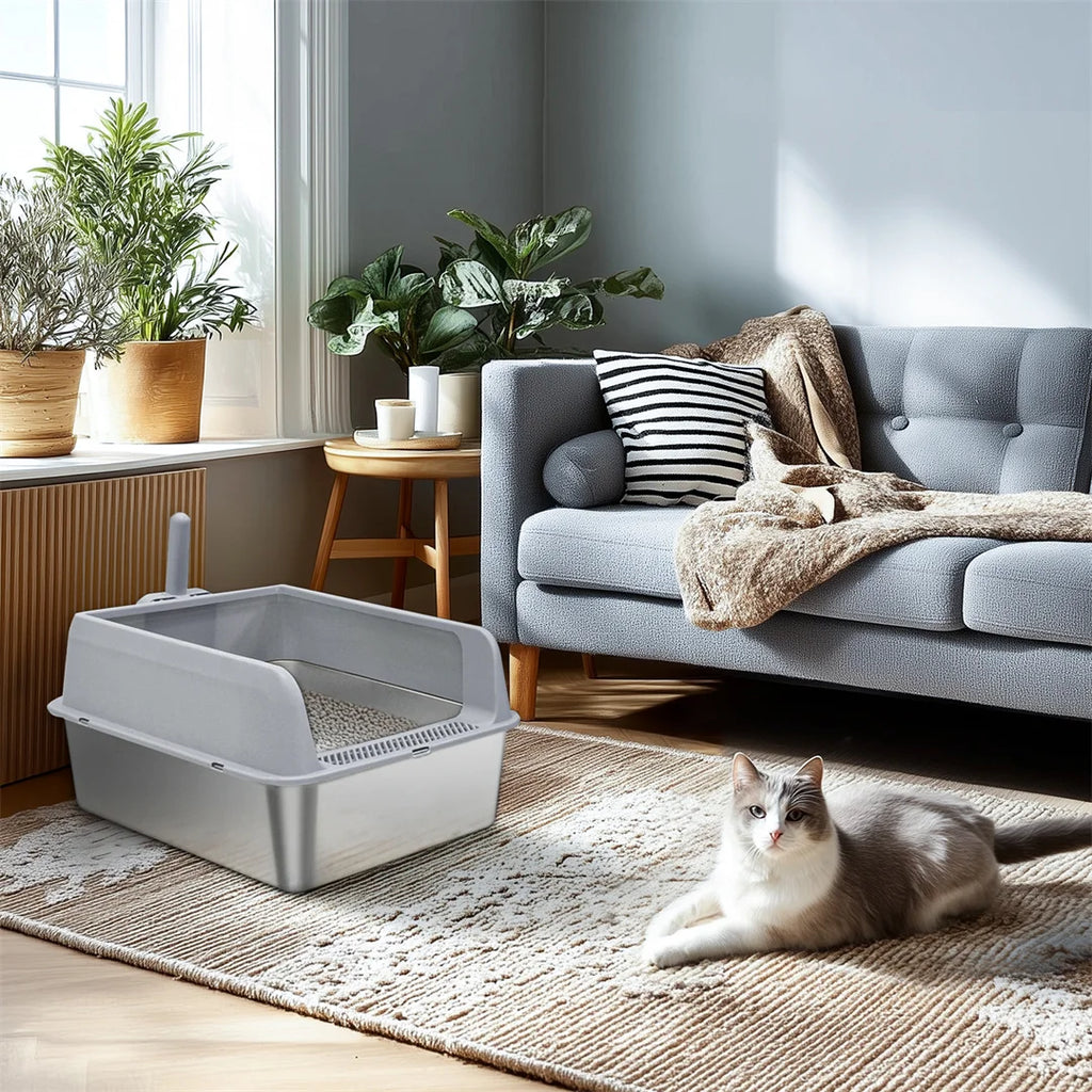 Stainless Steel Cat Litter Box Large Semi closed Metal Cat Litter Pan Tray with Spoon for Cats 59x33x29cm
