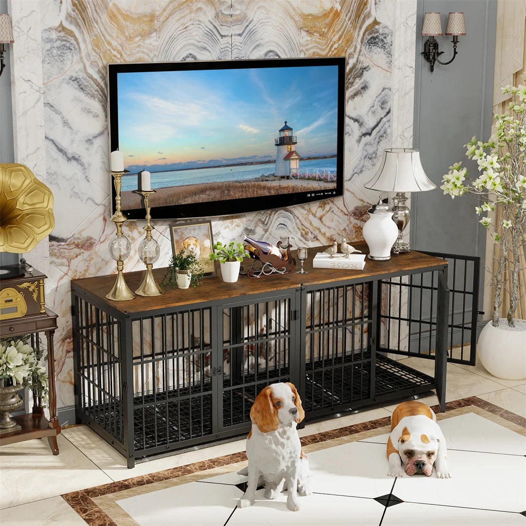 Wooden Dog Crate Furniture with 3 Doors Removable Tray Metal Frame End Table for Medium Dogs Black 74x52x56.5cm