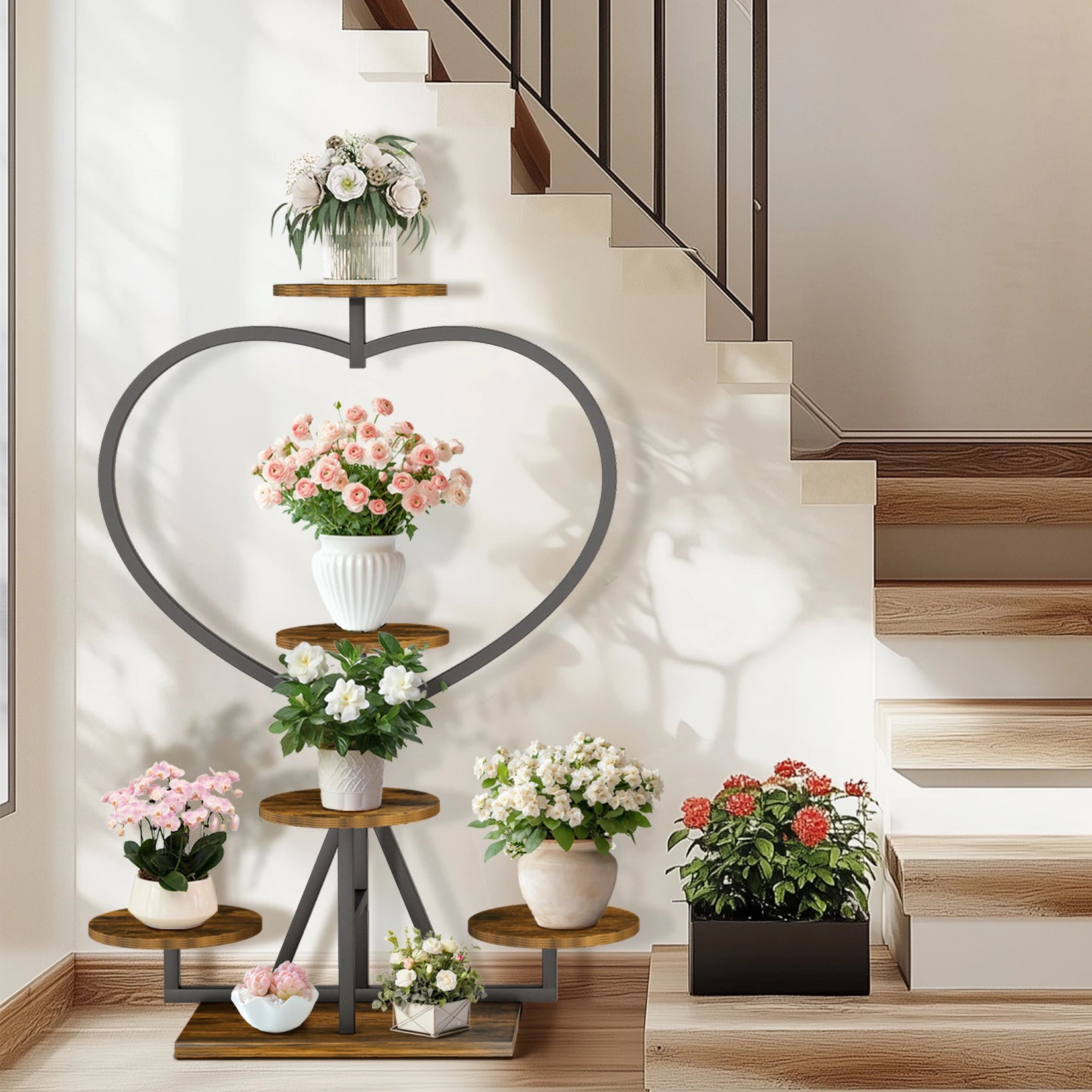 Flower Display Rack Multi-Layer Heart-Shaped Plant Stand Indoor/Outdoor Floral Stand Suitable for Living Room and Balcony Black & Brown 45x24x105cm