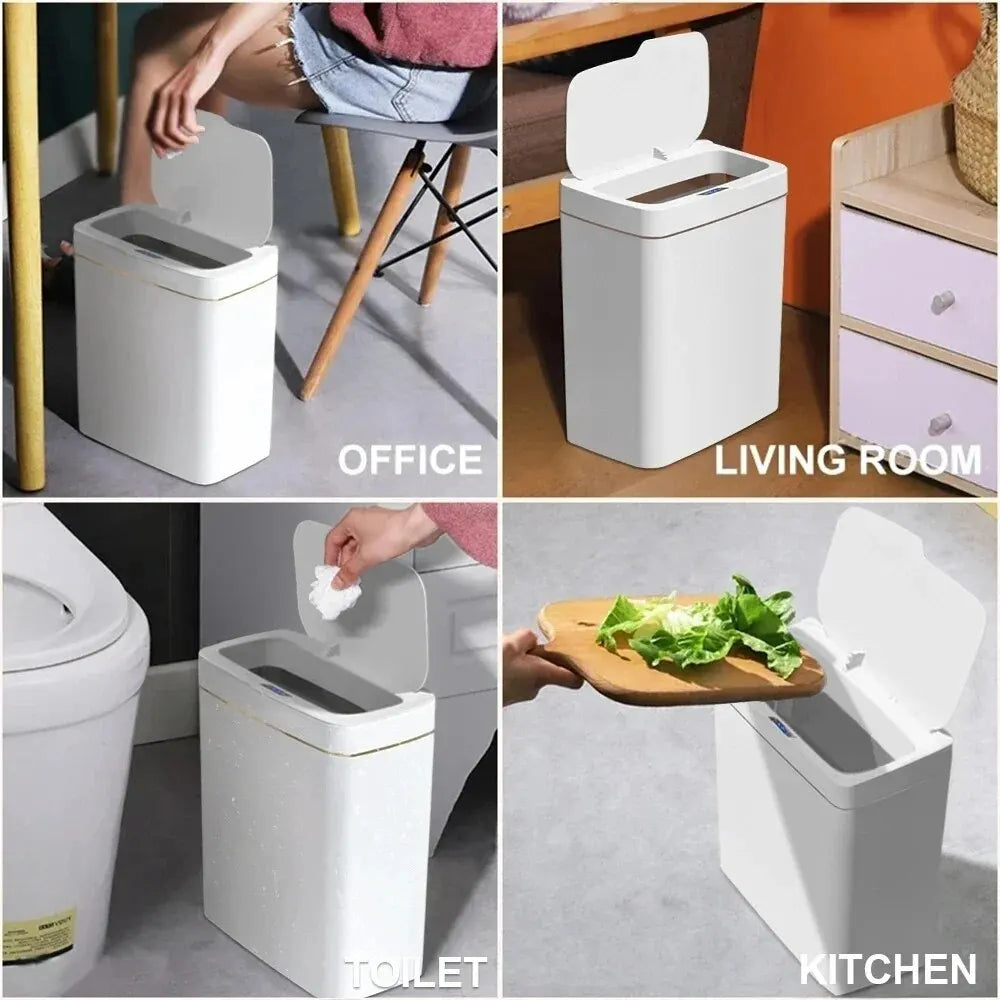 Smart Bathroom Trash Can Automatic Bagging Electronic Garbage Bin Touchless Sensor Narrow Smart Home Waste Bin 15L White 26×18.5×30.5cm