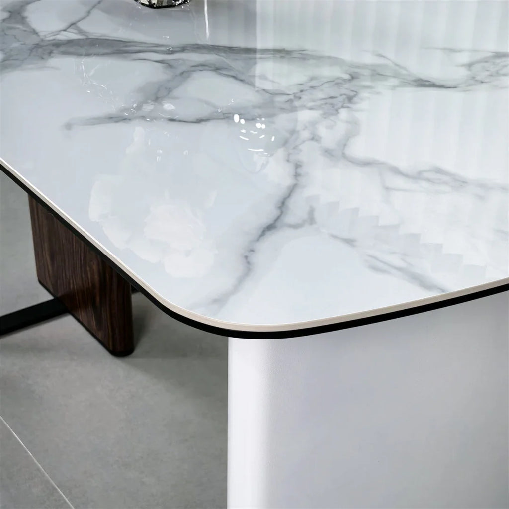Rectangle Dining Table 160cm 4-6 Seater White Marble Glass Top Walnut Frame Kitchen Dining Table