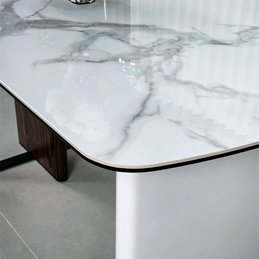 Rectangle Dining Table 160cm 4-6 Seater White Marble Glass Top Walnut Frame Kitchen Dining Table