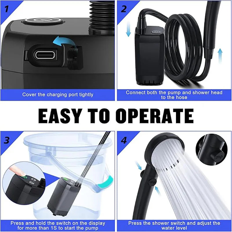Portable Camping Shower Pump 6000mAh Rechargeable Electric Shower with LED Display Head Outdoor RV Black