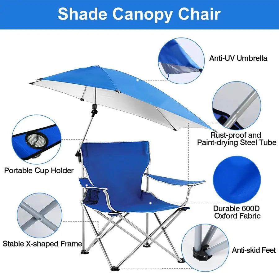 Folding Beach Chair Camp Chair Outdoor Chair for Adults With Adjustable Umbrella & Carrying Bag Blue -