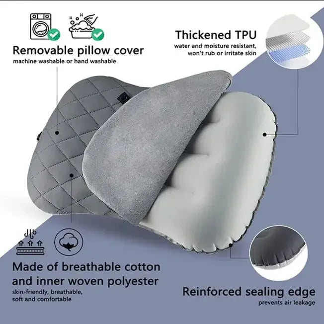 Ultralight Inflatable Camping Pillow Soft Washable Cover Ergonomic Travel Pillow Neck Lumbar Support Cushion Light Grey 32×46cm