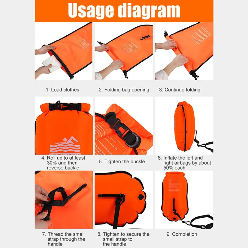 20L Inflatable Swimming Buoy Double Airbag Tow Float Water Sport Swim Safety Buoy Dry Bag Pool Training Orange