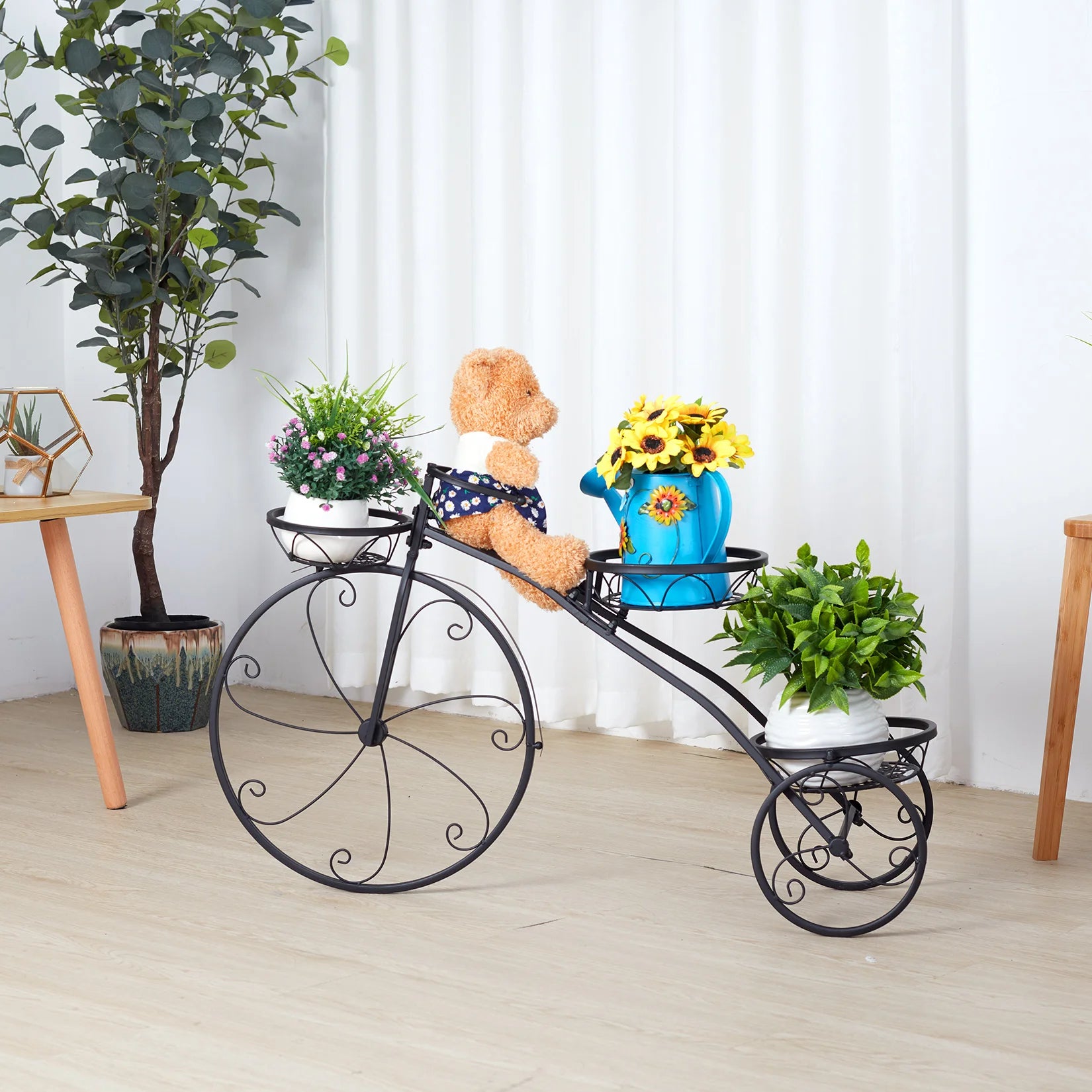 Plant Stand Outdoor Plant Holder Weather Resistant Flower Pot Stand 3 Tier Bicycle Design 79.5x52cm Black