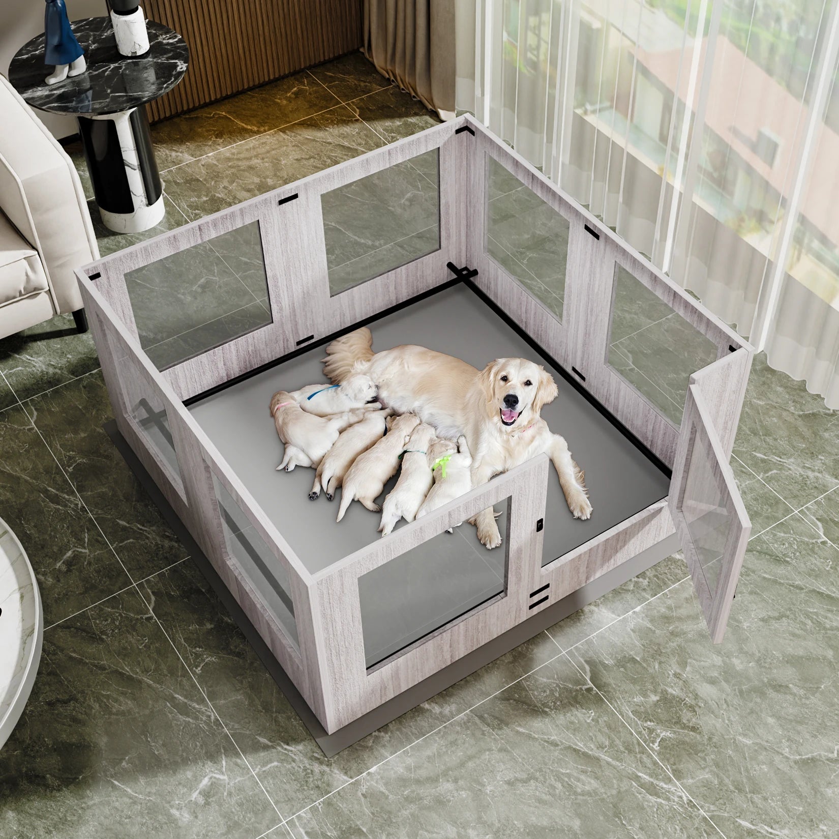 Tempered Glass Pet Playpen 8 Panel Indoor Puppy Exercise Pen with Waterproof Pad Light Grey 120x118.6x60cm