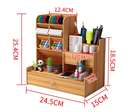 Wooden Desk Organizer DIY Desktop Storage Box Pen Holder Large Capacity Stationery Organizer with Drawer Home Office School Cherry Wood