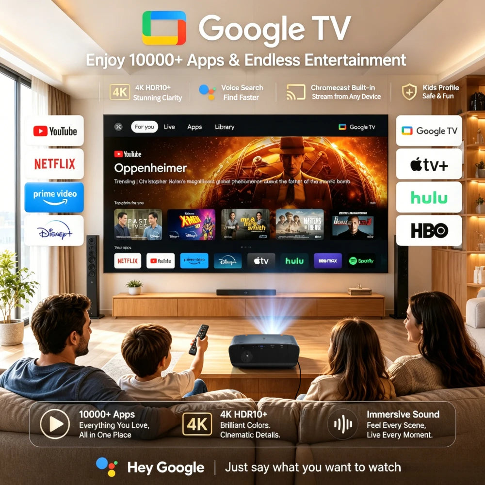 4K Smart Projector 4000 ANSI Native 1080P Google TV with Official Netflix Auto Focus WiFi Home Theatre Beamer