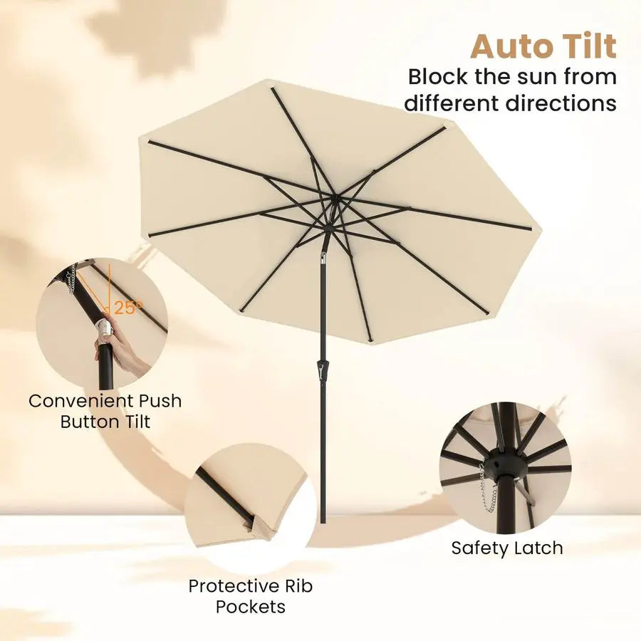 Patio Umbrella 303cm Table Umbrella Crank Lift and Push Button Tilt Wind-Resistant Double-Vented Canopy 8-Rib Frame Beige