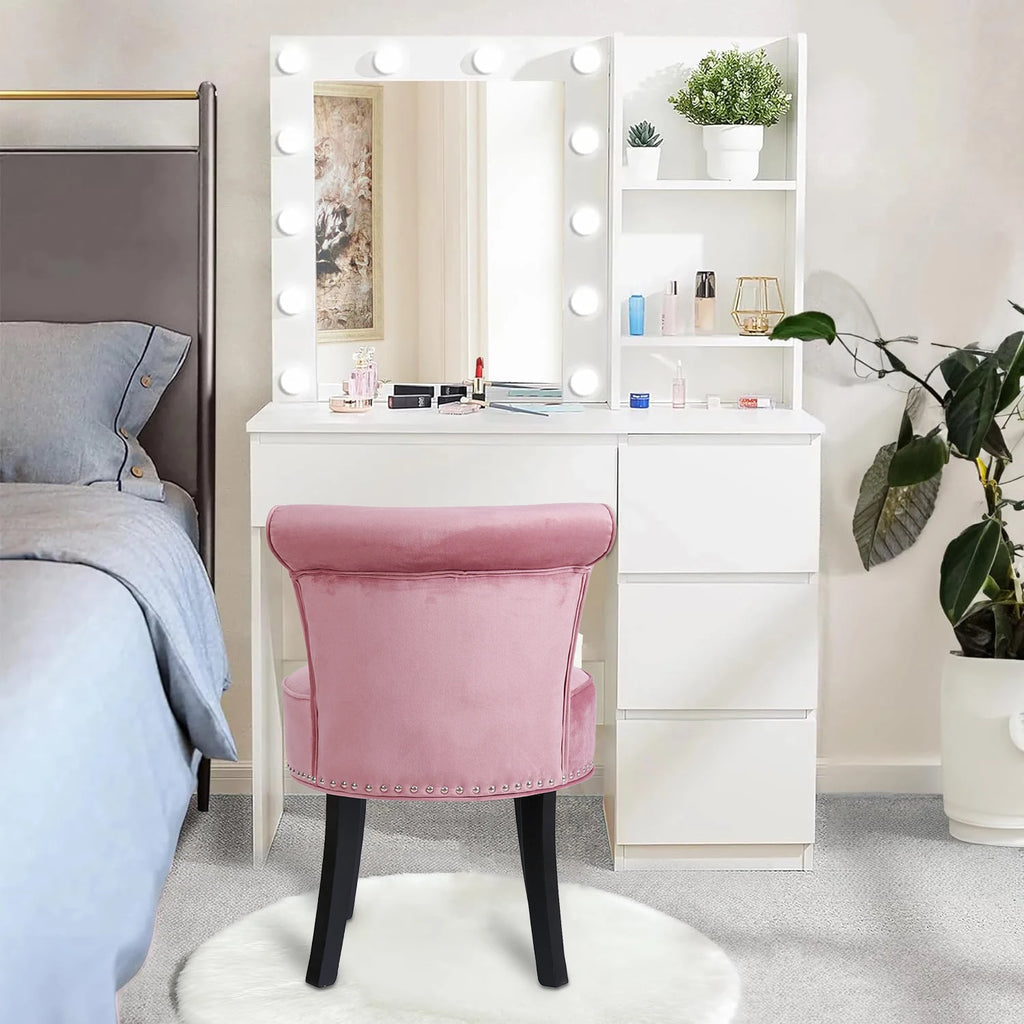 Velvet Vanity Stool Chair 70x48.5cm Padded Accent Chair with Wood Legs Pink Makeup Dressing Stool