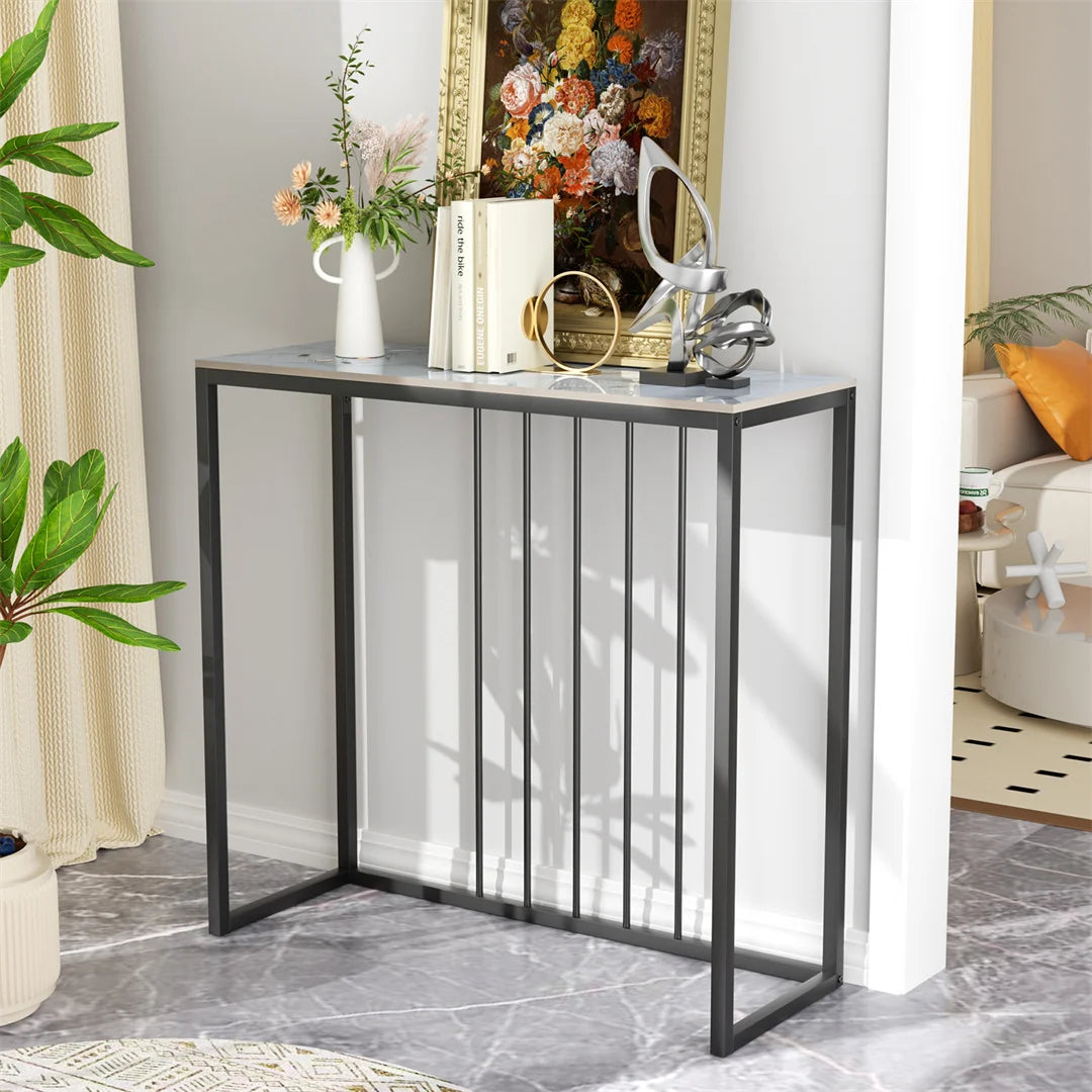 Black Metal Console Table with Storage Shelf Narrow Entryway Sofa Table for Hallway Living Room Use Emerald white 80x30x78.5cm