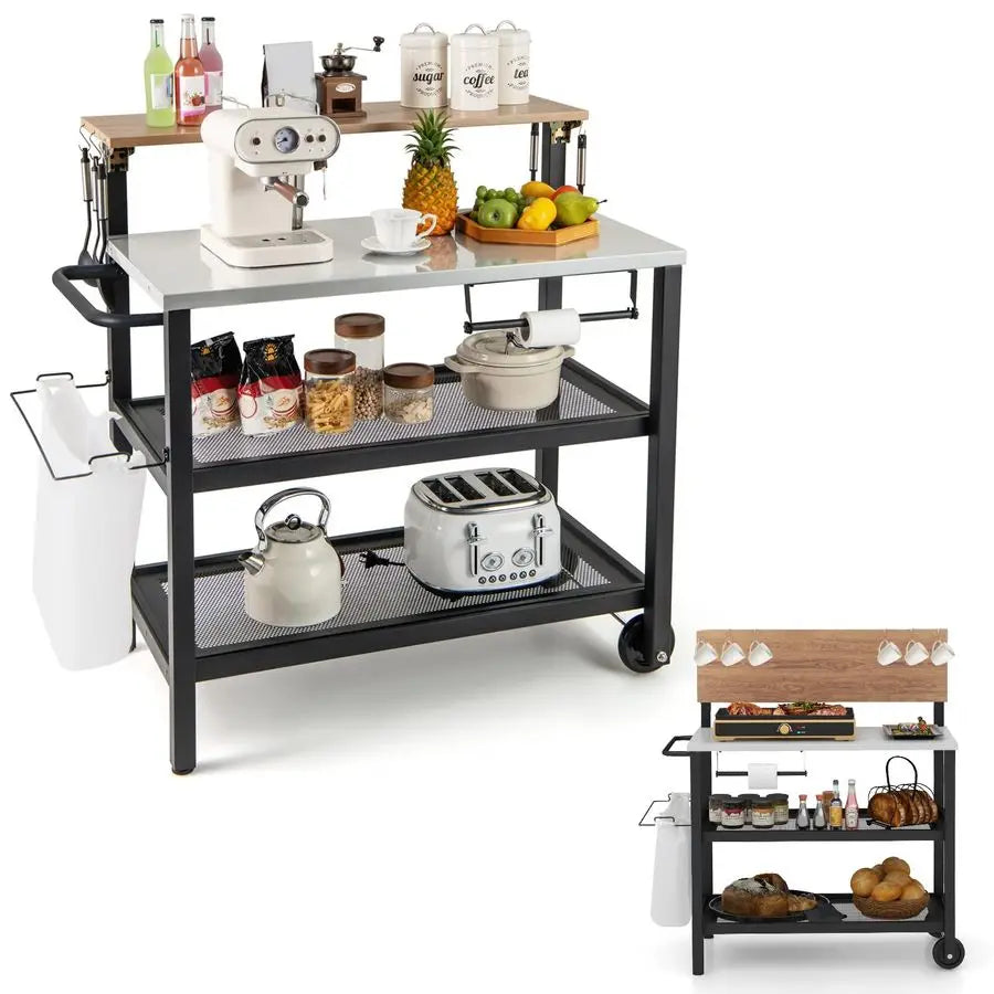 3 Tier Grill Cart Outdoor Pizza Oven Stand with Flip-Up Bar Table Cooking Station with Hooks and Trash Bag Holder Black and White 116.8x55.9x129.5cm