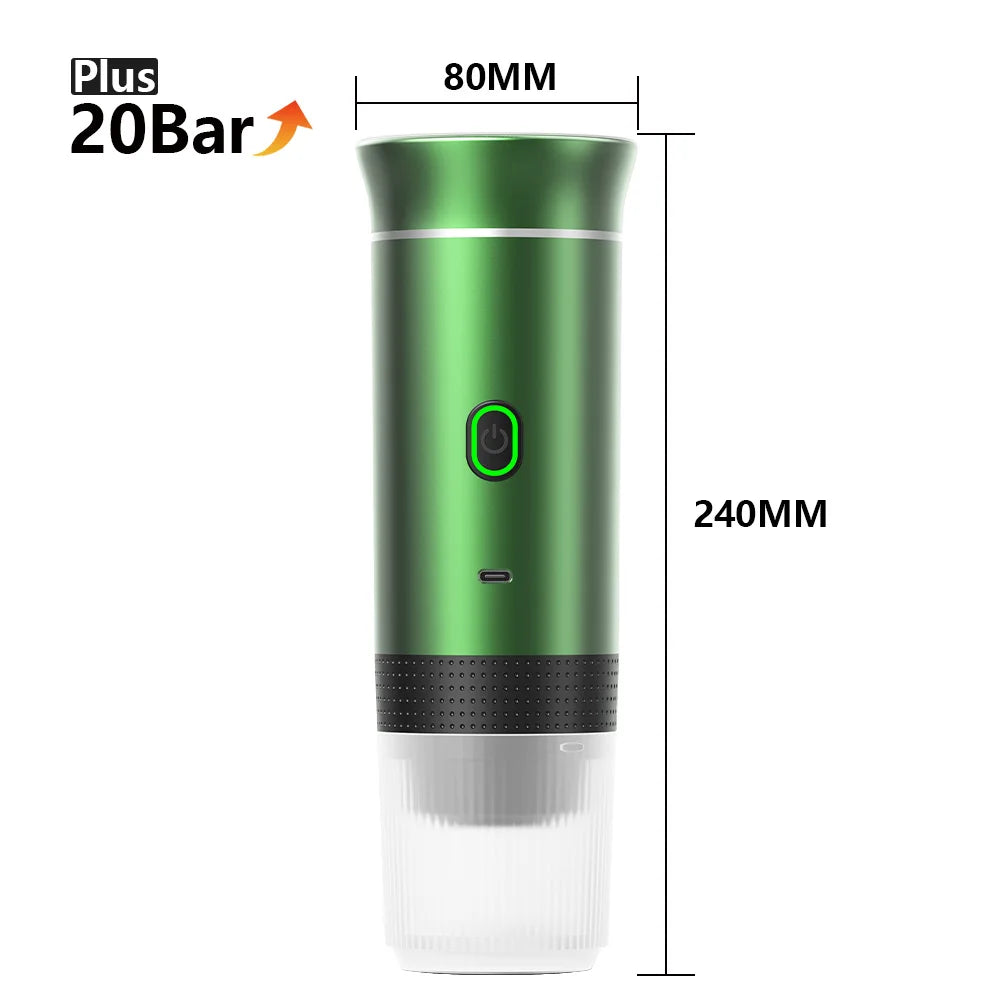 Wireless Portable Espresso Coffee Machine 3-in-1 Capsule Powder Coffee Maker for Car Home Camping Travel Metallic Green 8×24cm