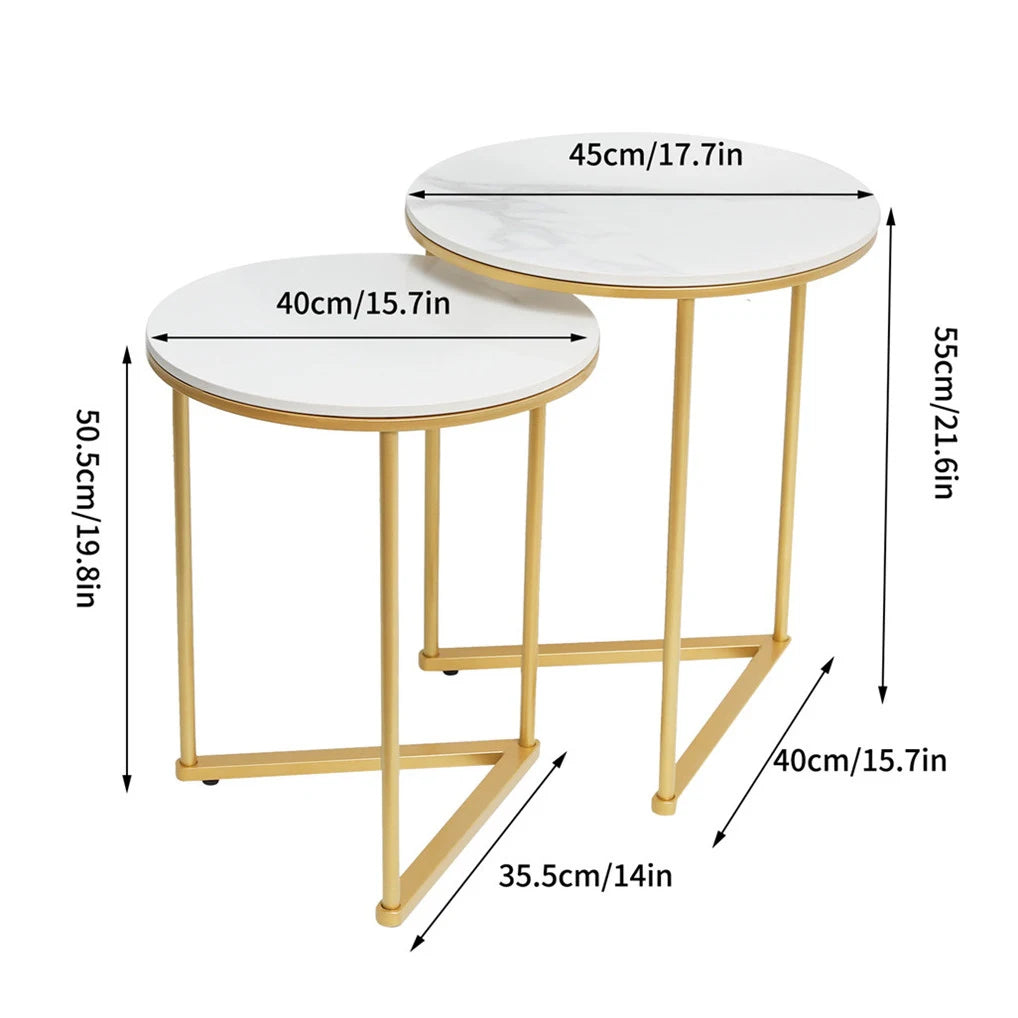 Round Nesting Coffee Tables Set of 2 Sintered Stone Top Gold White 45x55cm 40x50.5cm Side Tables