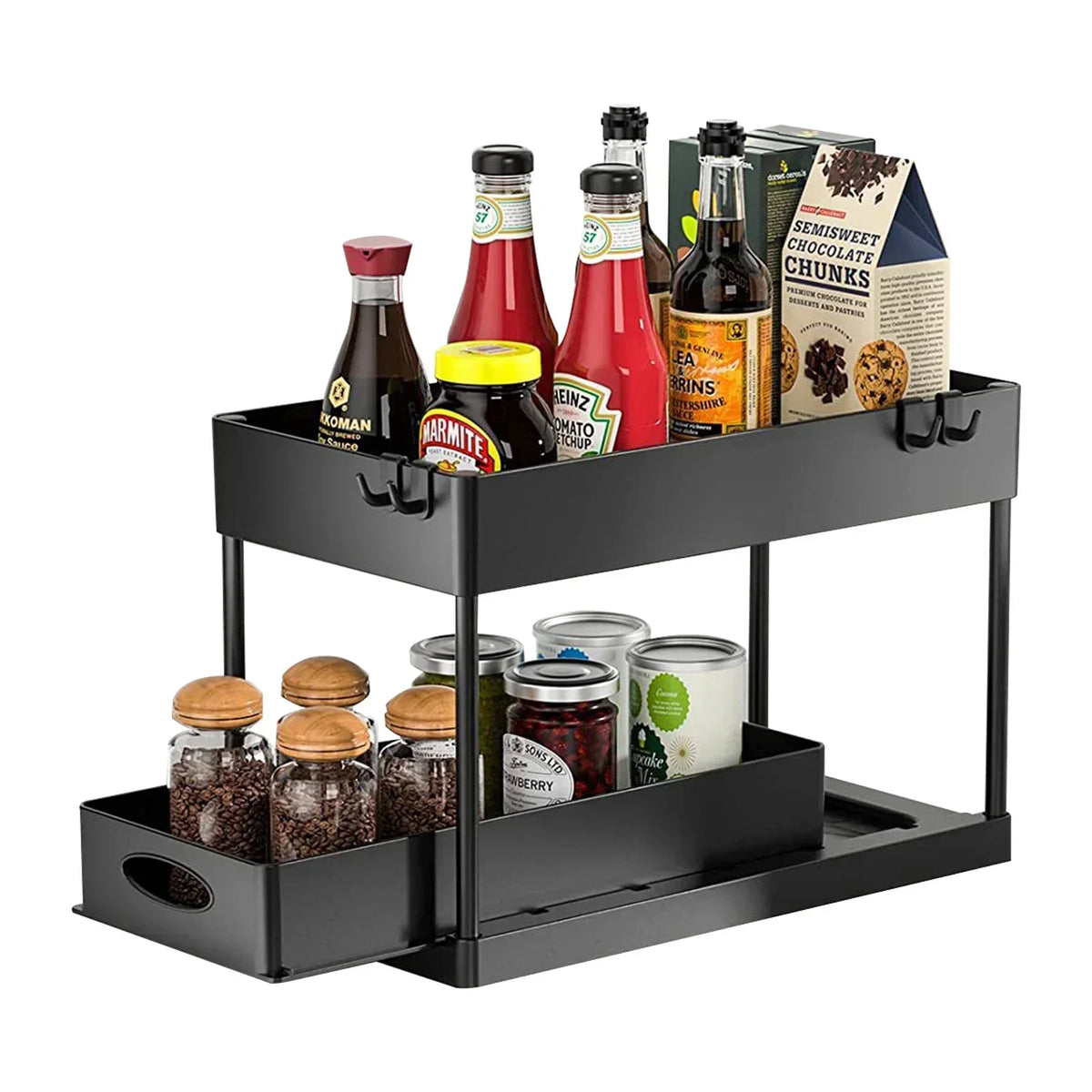2 Tier Under Sink Organizer Sliding Cabinet Storage Rack Basket with Hooks Hanging Cup Bathroom Kitchen Organizer Black