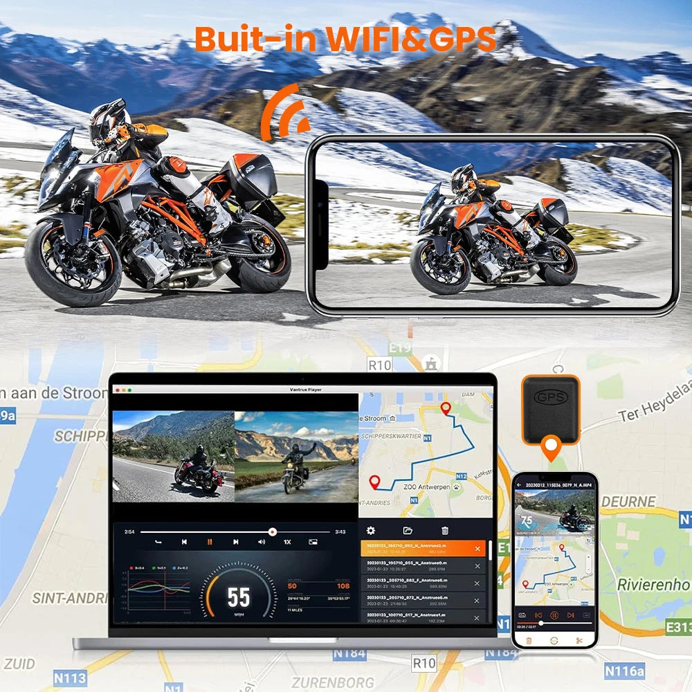 Dual 2K Motorcycle Dash Camera Front and Rear WiFi GPS Waterproof DVR Driving Recorder Black Box