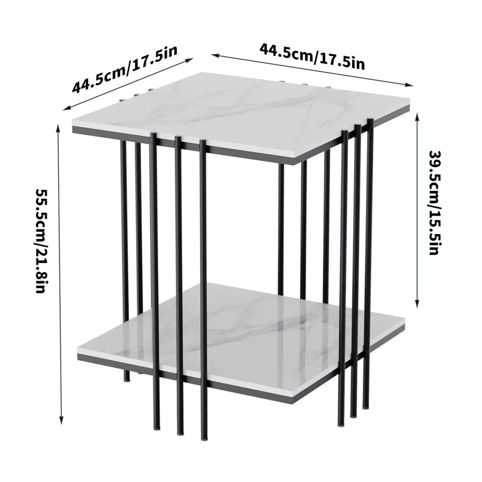 2 Tier Square Side Table 44.5x44.5x55.5cm Marble Top Black Metal Frame Living Room Coffee Table
