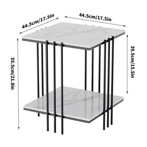 2 Tier Square Side Table 44.5x44.5x55.5cm Marble Top Black Metal Frame Living Room Coffee Table