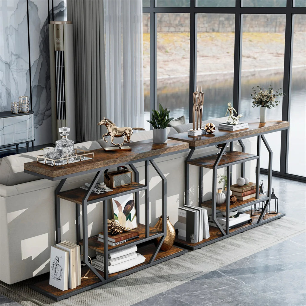 Console Table with Storage Shelf Entryway Sofa Table Narrow Hall Table Modern Living Room Furniture Design Rustic Brown 120x30x81.5cm