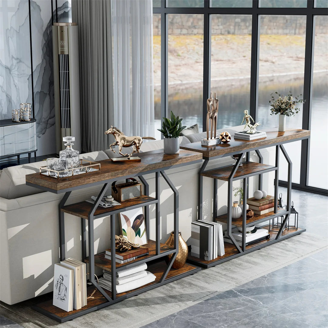 Console Table with Storage Shelf Entryway Sofa Table Narrow Hall Table Modern Living Room Furniture Design Rustic Brown 120x30x81.5cm